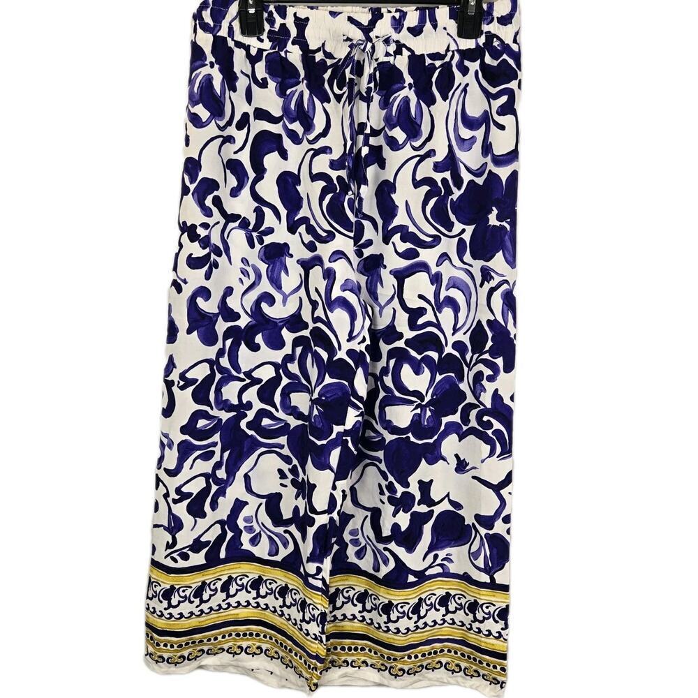 Mlle Gabrielle L Women Palazzo Pants Drawstring White Blue Floral Cottage Resort